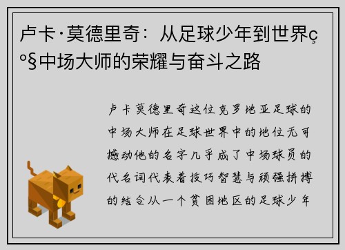 卢卡·莫德里奇：从足球少年到世界级中场大师的荣耀与奋斗之路