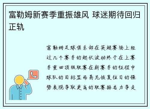 富勒姆新赛季重振雄风 球迷期待回归正轨